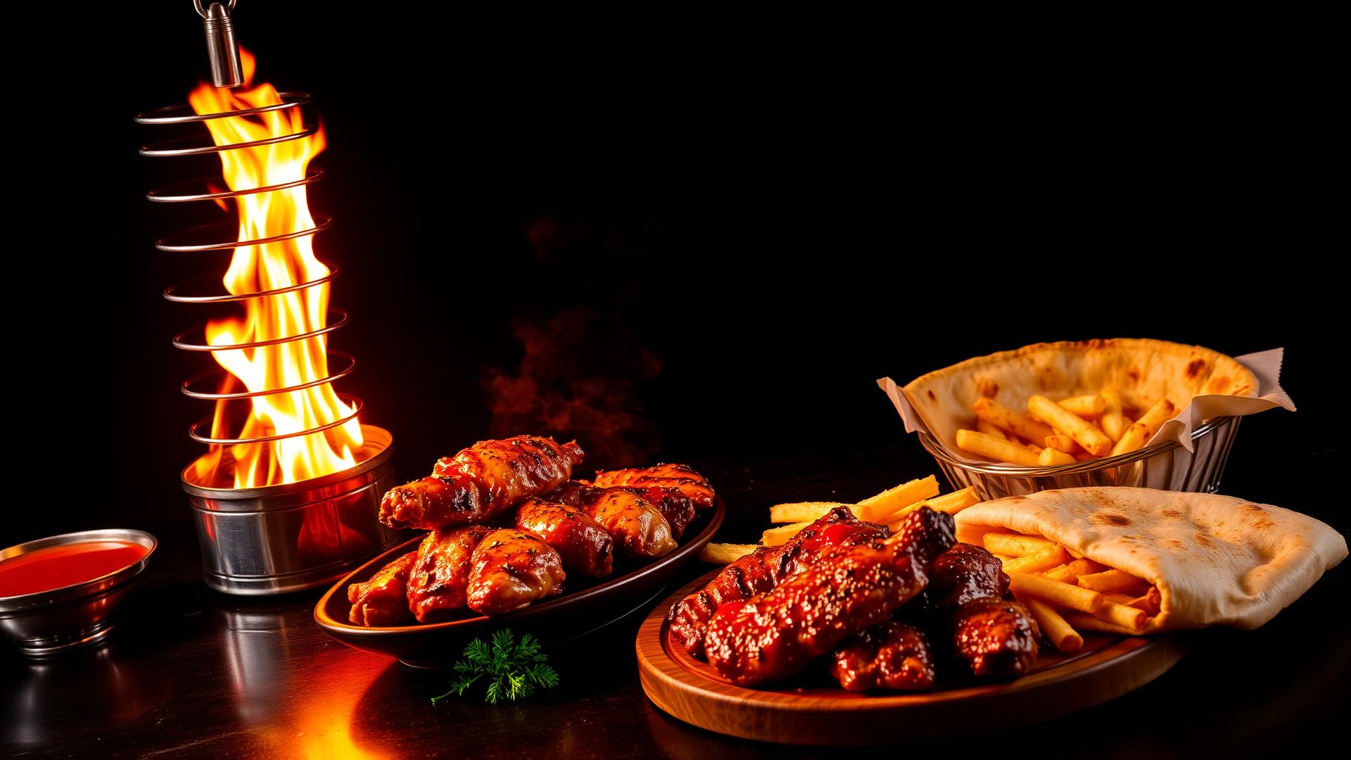 Schawarma-Spieß am offenen Feuer mit gegrilltem Hähnchen und Fladenbrot